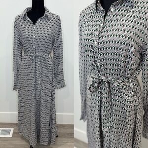 Stradivarius Belted Long Sleeve Maxi Front Button Up Side Slit Dress (Large)